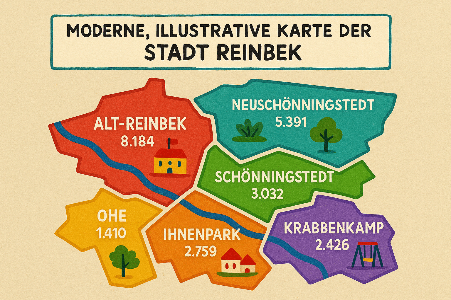 Karte von Reinbek mit Stadtteilen und Einwohnerzahlen 2024, inklusive Alt-Reinbek und Neuschönningstedt