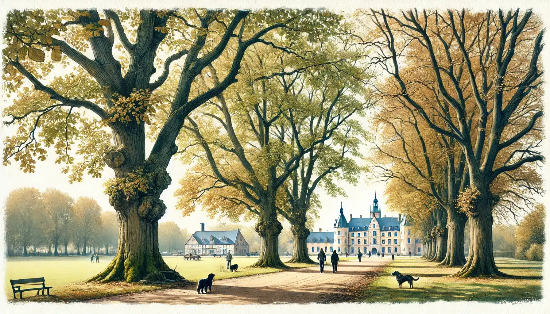 Spaziergänger im Schlosspark Reinbek unter alten Linden- und Eichenbäumen mit Blick auf das historische Schloss