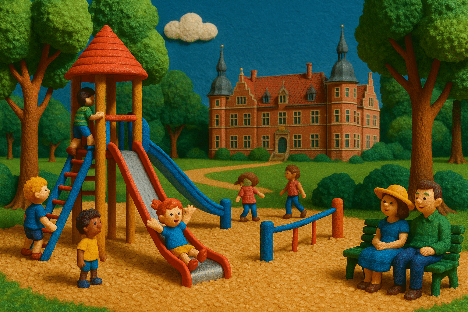 Kinder spielen auf dem naturnahen Spielplatz im Schlosspark Reinbek mit Blick auf das historische Schloss